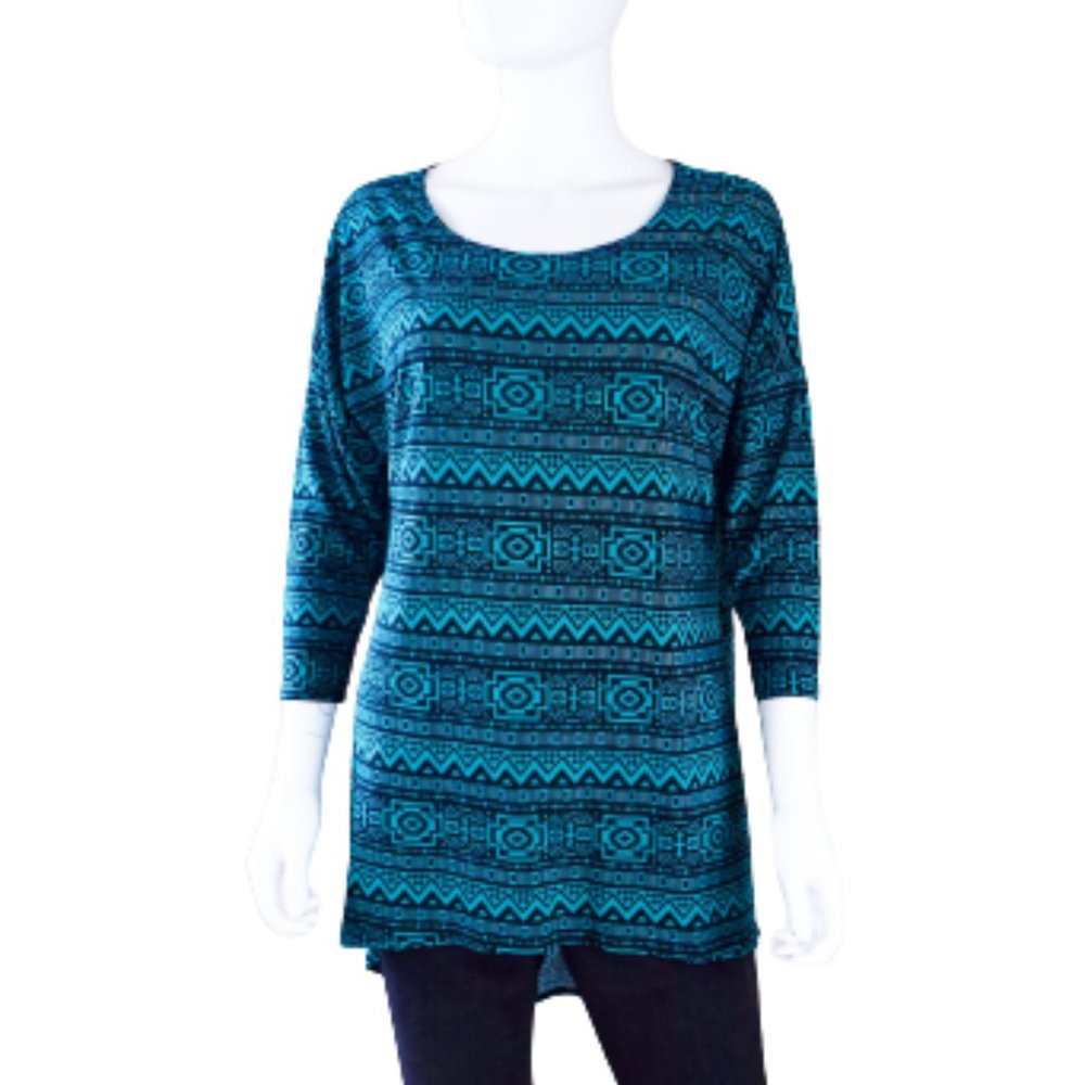 82 DAYS GREEN BLACK AZTEC PRINT 3/4 SLEEVE TUNIC